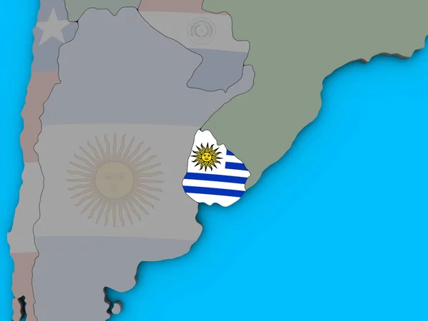 Уругвай Встроенным Национальным Флагом Голубом Политическом Глобусе Иллюстрация — стоковое фото