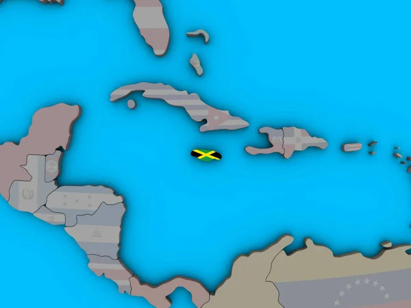 Ямайка Встроенным Национальным Флагом Голубом Политическом Глобусе Иллюстрация — стоковое фото