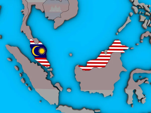 Malezya Ile Katıştırılmış Ulusal Bayrak Mavi Siyasi Dünya Üzerinde Çizim — Stok fotoğraf