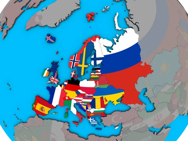 Europa Con Bandiere Nazionali Incorporate Sul Globo Blu Politico Illustrazione — Foto Stock