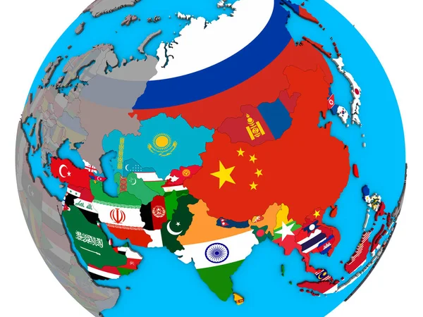 Asie Vloženými Státní Vlajky Modré Politické Glóbu Obrázek — Stock fotografie
