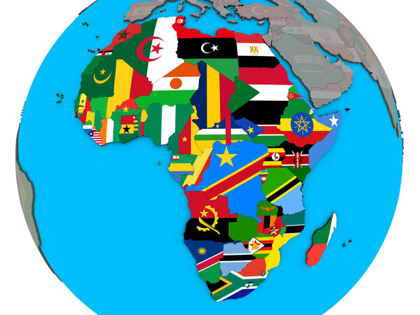 Africa with embedded national flags on blue political 3D globe. 3D illustration.