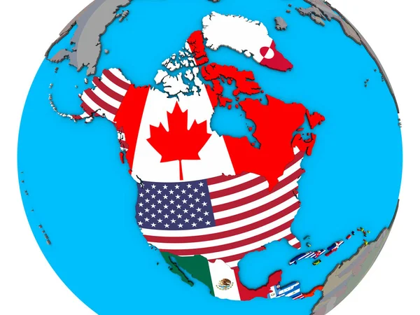 Mavi Siyasi Dünya Üzerinde Katıştırılmış Ülke Bayrakları Ile Kuzey Amerika — Stok fotoğraf