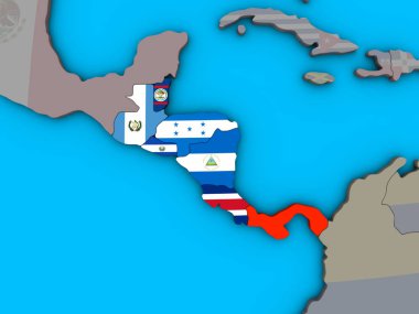 Central America with embedded national flags on blue political 3D globe. 3D illustration. clipart