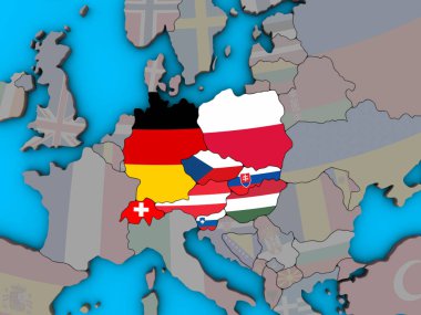 Mavi siyasi 3d dünya üzerinde katıştırılmış ülke bayrakları ile Orta Avrupa. 3D çizim.