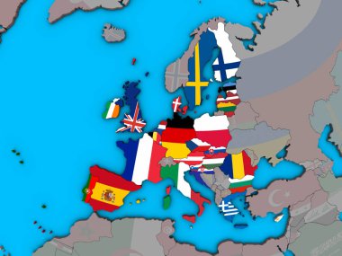 Avrupa Birliği mavi siyasi 3d dünya üzerinde katıştırılmış ülke bayrakları ile. 3D çizim.