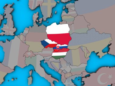 Mavi siyasi 3d dünya üzerinde katıştırılmış ülke bayrakları ile Visegrad Grubu. 3D çizim.