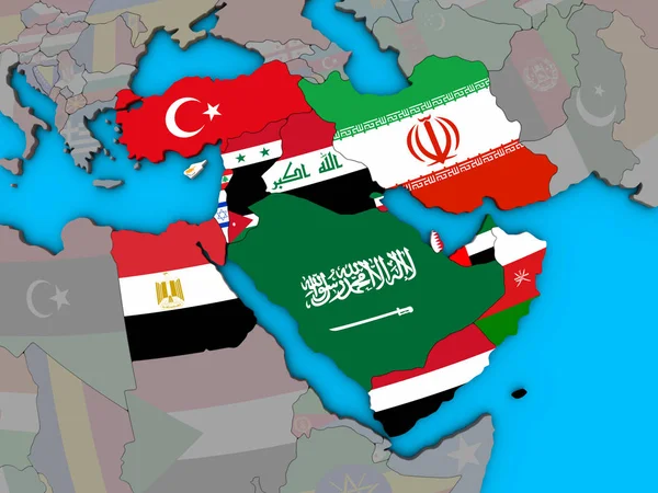 Medio Oriente Con Bandiere Nazionali Incorporate Sul Globo Blu Politico — Foto Stock