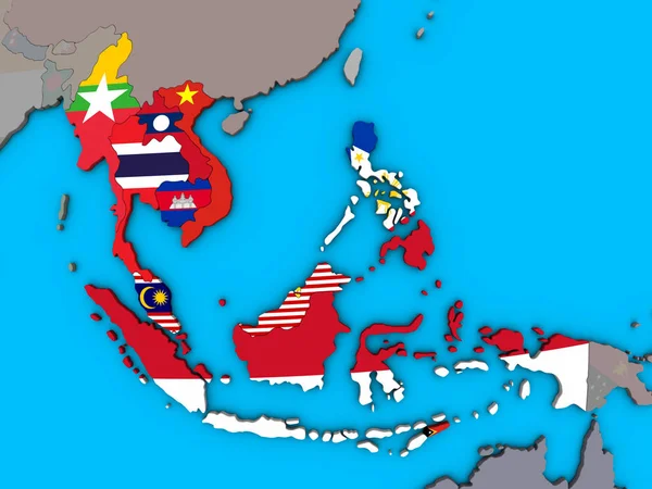 Sudeste Asiático Com Bandeiras Nacionais Embutidas Globo Político Azul Ilustração — Fotografia de Stock