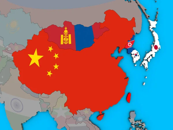 東アジアには青い政治 地球儀に埋め込まれた国旗 イラストレーション — ストック写真