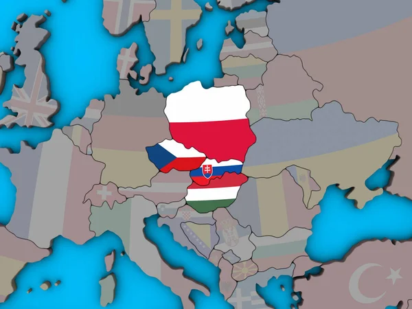 Visegrad Gruppe Mit Eingebetteten Nationalflaggen Auf Blauem Politischen Globus Illustration — Stockfoto