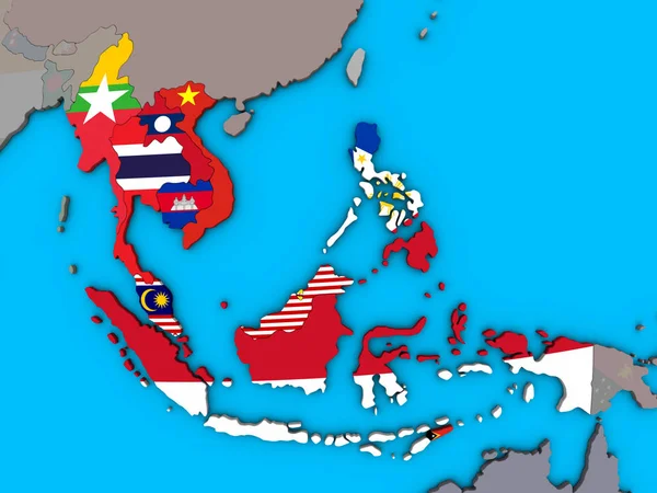 South East Asia with embedded national flags on blue political 3D globe. 3D illustration.