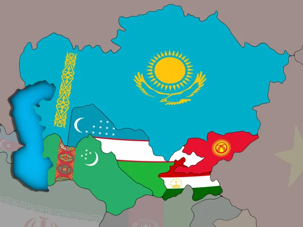 青い政治 地球儀に埋め込まれた国旗を持つ中央アジア イラストレーション — ストック写真