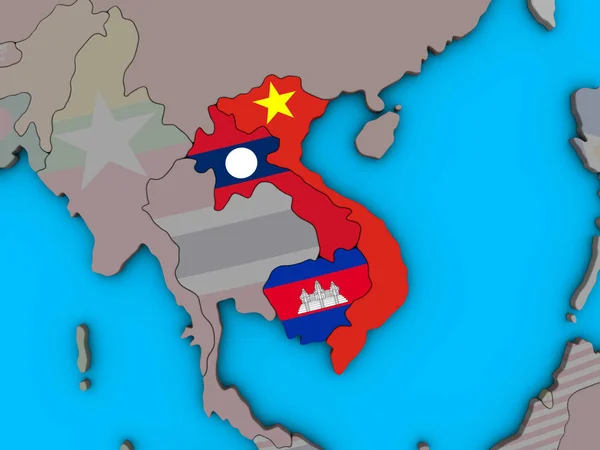 Indochina Met Ingesloten Nationale Vlaggen Blauwe Politieke Globe Illustratie — Stockfoto