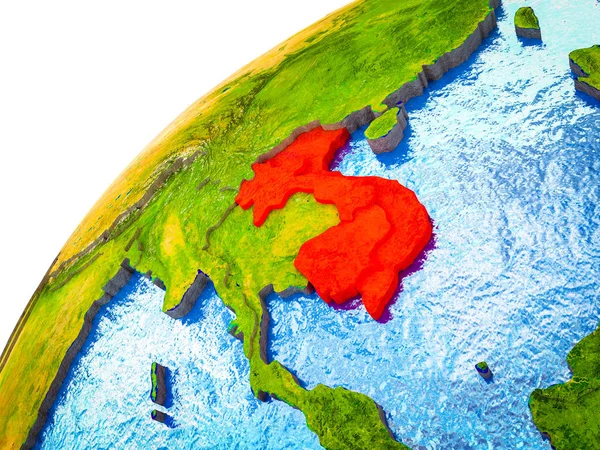印度支那在3D 地球模型与可看见的国家边界 — 图库照片