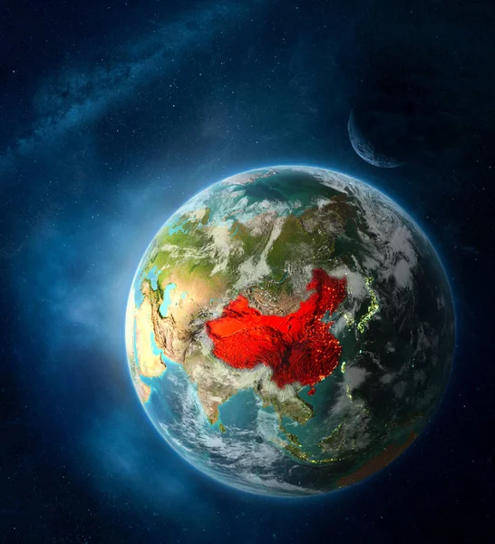 China from space on Earth surrounded by space with Moon and Milky Way. Detailed planet surface with city lights and clouds. 3D illustration. Elements of this image furnished by NASA.