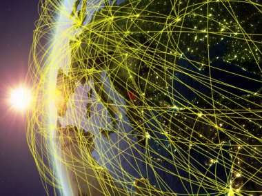 Uluslararası ağ ile günbatımı sırasında Dünya'nın modeli üzerinde yer--dan Kosovo. Dijital iletişim veya seyahat kavramı. 3D çizim. Nasa tarafından döşenmiş bu görüntü unsurları.