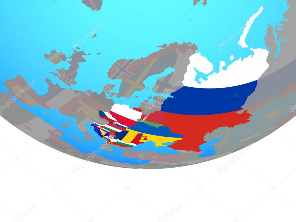 Eastern Europe with national flags on simple political globe. 3D illustration.
