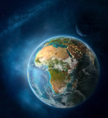Burundi yer alan ay ve Samanyolu ile çevrili Dünya'dan. Şehir ışıkları ve bulutlar ile detaylı gezegen yüzeyinde. 3D çizim. Nasa tarafından döşenmiş bu görüntü unsurları.