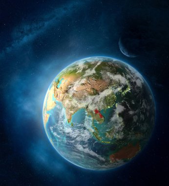 Laos alan ay ve Samanyolu ile çevrili yeryüzünde uzaydan. Şehir ışıkları ve bulutlar ile detaylı gezegen yüzeyinde. 3D çizim. Nasa tarafından döşenmiş bu görüntü unsurları.