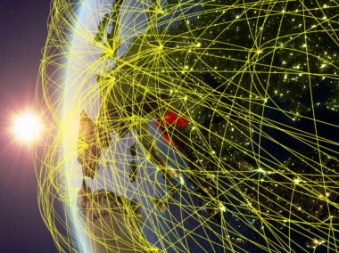 Hırvatistan uluslararası ağ ile günbatımı sırasında Dünya'nın modeli uzaydan. Dijital iletişim veya seyahat kavramı. 3D çizim. Nasa tarafından döşenmiş bu görüntü unsurları.