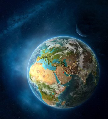 Kuveyt alan ay ve Samanyolu ile çevrili yeryüzünde uzaydan. Şehir ışıkları ve bulutlar ile detaylı gezegen yüzeyinde. 3D çizim. Nasa tarafından döşenmiş bu görüntü unsurları.