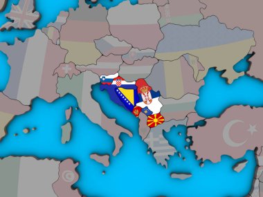 Mavi siyasi 3d dünya üzerinde katıştırılmış ülke bayrakları ile eski Yugoslavya. 3D çizim.