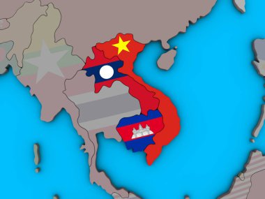 Mavi siyasi 3d dünya üzerinde katıştırılmış ülke bayrakları ile Indochina. 3D çizim.