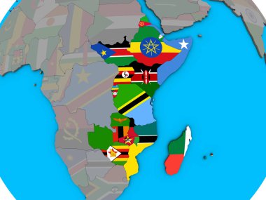 Mavi siyasi 3d dünya üzerinde katıştırılmış ülke bayrakları ile Doğu Afrika. 3D çizim.