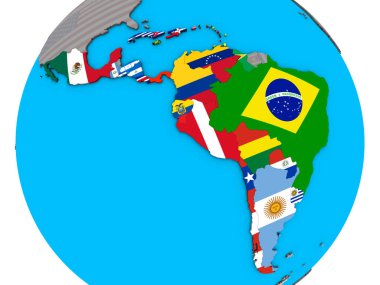Mavi siyasi 3d dünya üzerinde katıştırılmış ülke bayrakları ile Latin Amerika. 3D çizim.