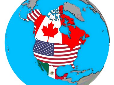 NAFTA memeber states with embedded national flags on blue political 3D globe. 3D illustration. clipart