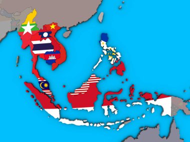 ASEAN memeber states with embedded national flags on blue political 3D globe. 3D illustration. clipart
