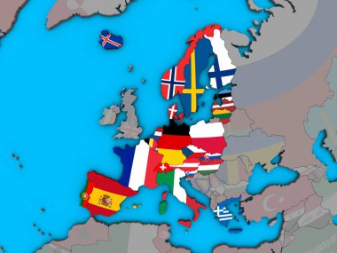 Schengen alanı üyeleri mavi siyasi 3d dünya üzerinde katıştırılmış ülke bayrakları ile. 3D çizim.