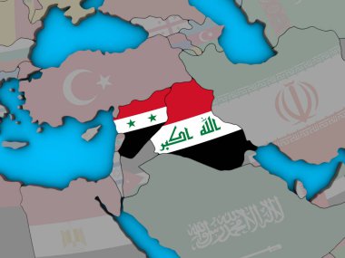 Mavi siyasi 3d dünya üzerinde katıştırılmış ülke bayrakları ile İslam devleti. 3D çizim.