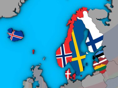 Kuzey Avrupa Mavi siyasi 3d dünya üzerinde katıştırılmış ülke bayrakları ile. 3D çizim.