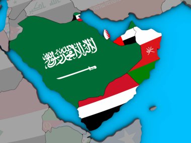 Arabistan mavi siyasi 3d dünya üzerinde katıştırılmış ülke bayrakları ile. 3D çizim.