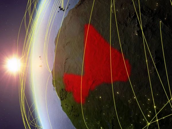 Mali Kosmosu Model Ziemi Podczas Zachodu Słońca Międzynarodowej Sieci Koncepcja — Zdjęcie stockowe