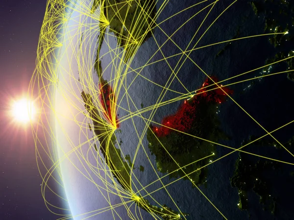 Malezja Miejsca Model Ziemi Podczas Zachodu Słońca Międzynarodowej Sieci Koncepcja — Zdjęcie stockowe