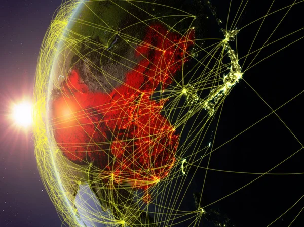 China from space on model of Earth during sunset with international network. Concept of digital communication or travel. 3D illustration. Elements of this image furnished by NASA.