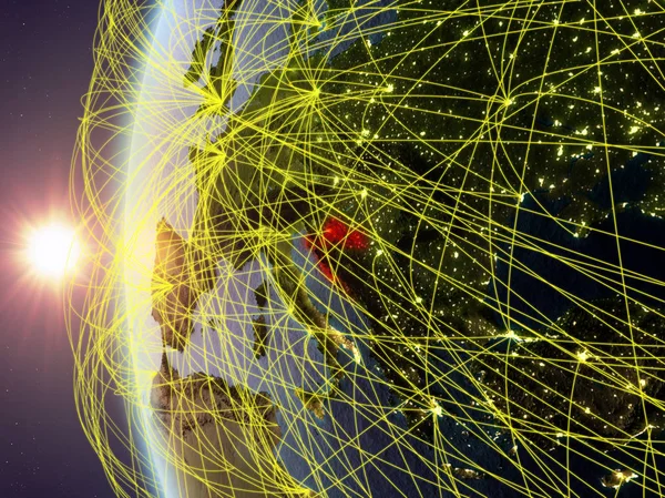 Hırvatistan uluslararası ağ ile günbatımı sırasında Dünya'nın modeli uzaydan. Dijital iletişim veya seyahat kavramı. 3D çizim. Nasa tarafından döşenmiş bu görüntü unsurları.