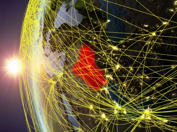 Irak Uluslararası Ile Günbatımı Sırasında Dünya Nın Modeli Uzaydan Dijital — Stok fotoğraf