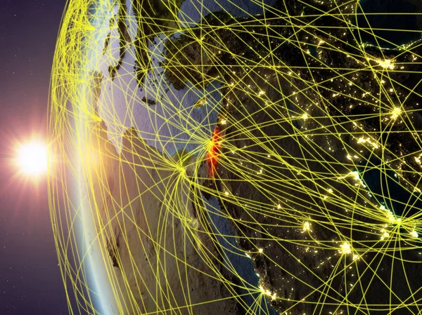 以色列从太空模型上的地球在日落与国际网络 数字通信或旅行的概念 美国宇航局提供的这张图片的元素 — 图库照片