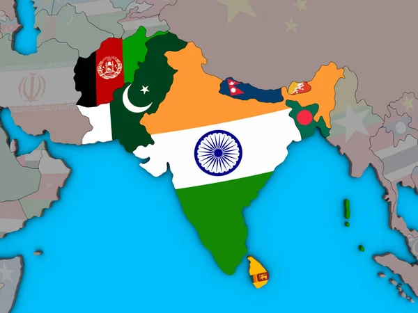 South Asia with embedded national flags on blue political 3D globe. 3D illustration.