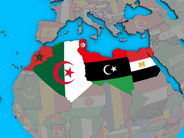 North Africa with embedded national flags on blue political 3D globe. 3D illustration.