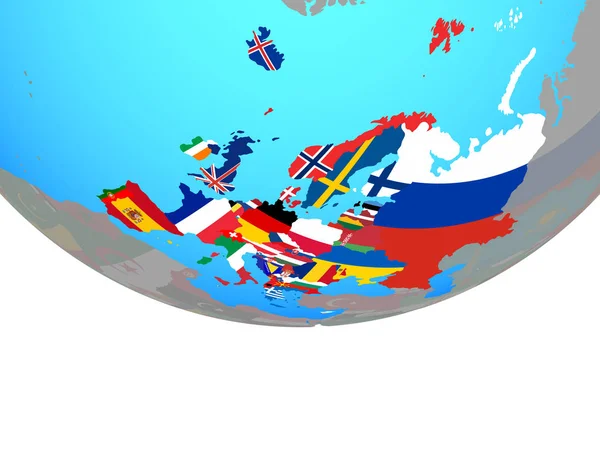 欧洲在简单的政治地球仪上挂着国旗 — 图库照片
