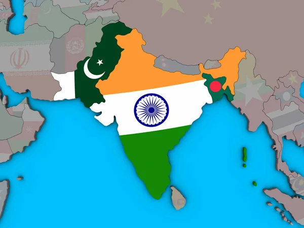 Brit India Beágyazott Nemzeti Zászlókkal Kék Politikai Földgömb Illusztráció — Stock Fotó