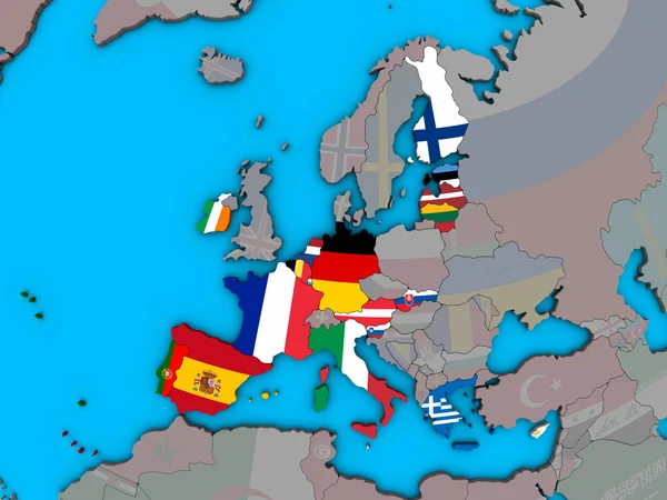 Mitgliedsstaaten Der Eurozone Mit Eingebetteten Nationalflaggen Auf Blauem Politischen Globus — Stockfoto