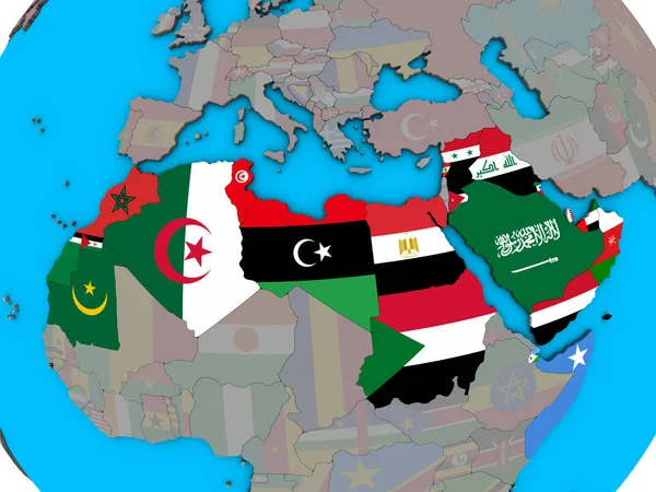 青い政治 地球儀に埋め込まれた国旗とアラブ連盟 イラストレーション — ストック写真
