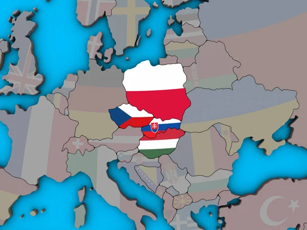 Gruppo Visegrad Con Bandiere Nazionali Incorporate Sul Globo Blu Politico — Foto Stock