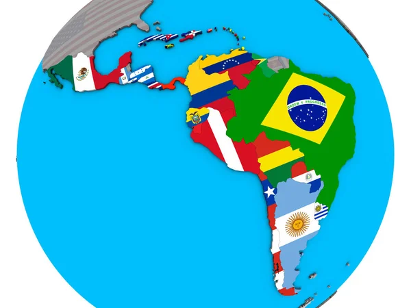 Latin America with embedded national flags on blue political 3D globe. 3D illustration.